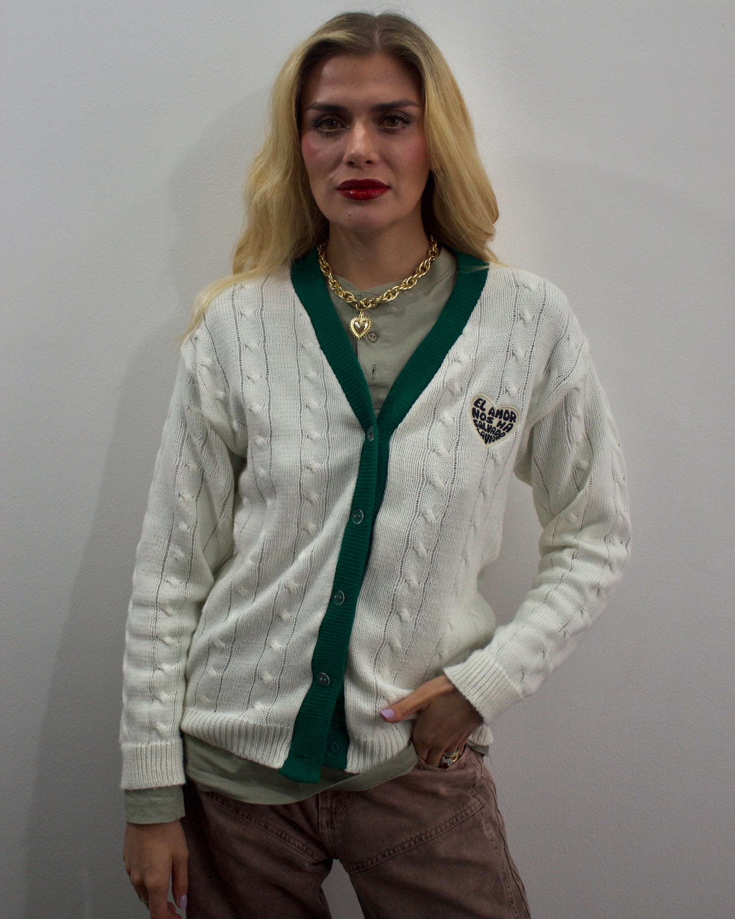 Saco tejido blanco con verde