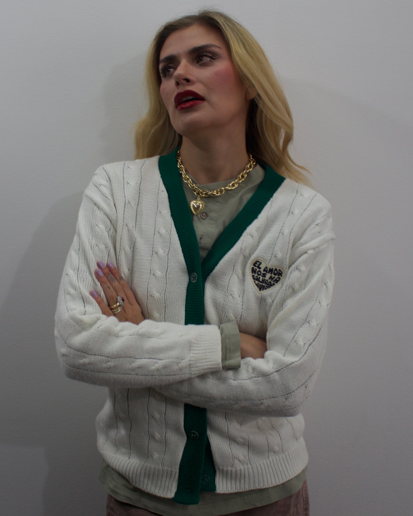 Saco tejido blanco con verde