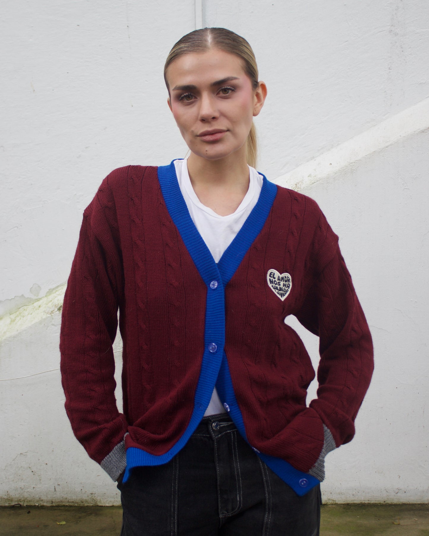 Saco tejido vino tinto con azul