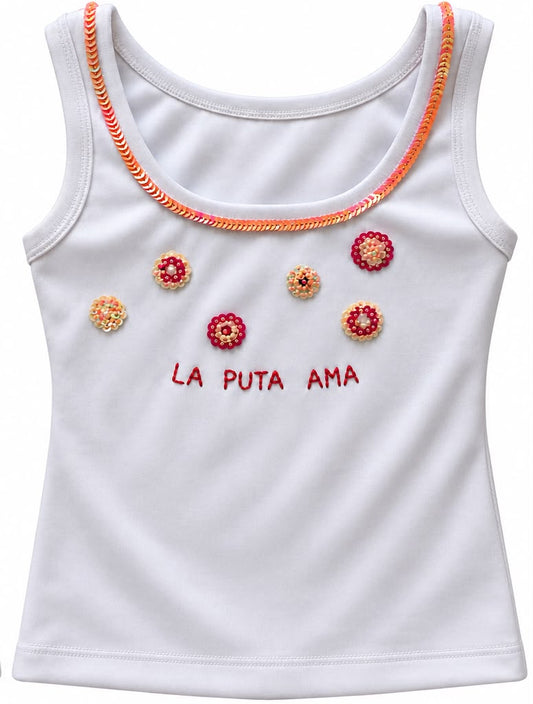 Tank Top La Puta Ama — Bordado de Mostacillas y lentejuelas